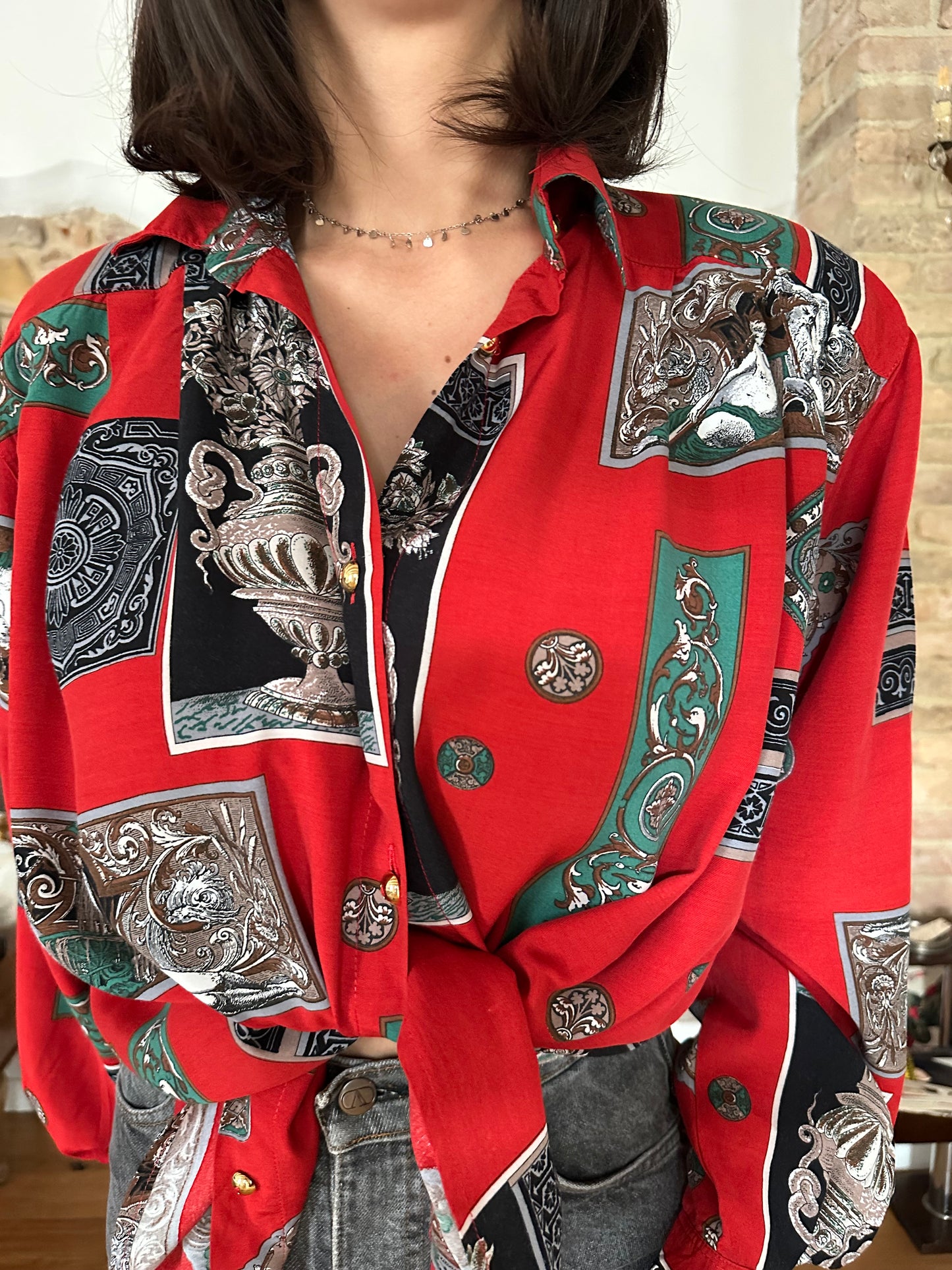 Camicia Vintage Anni ‘80 in Viscosa Rossa Fantasia Tg.Fino 56