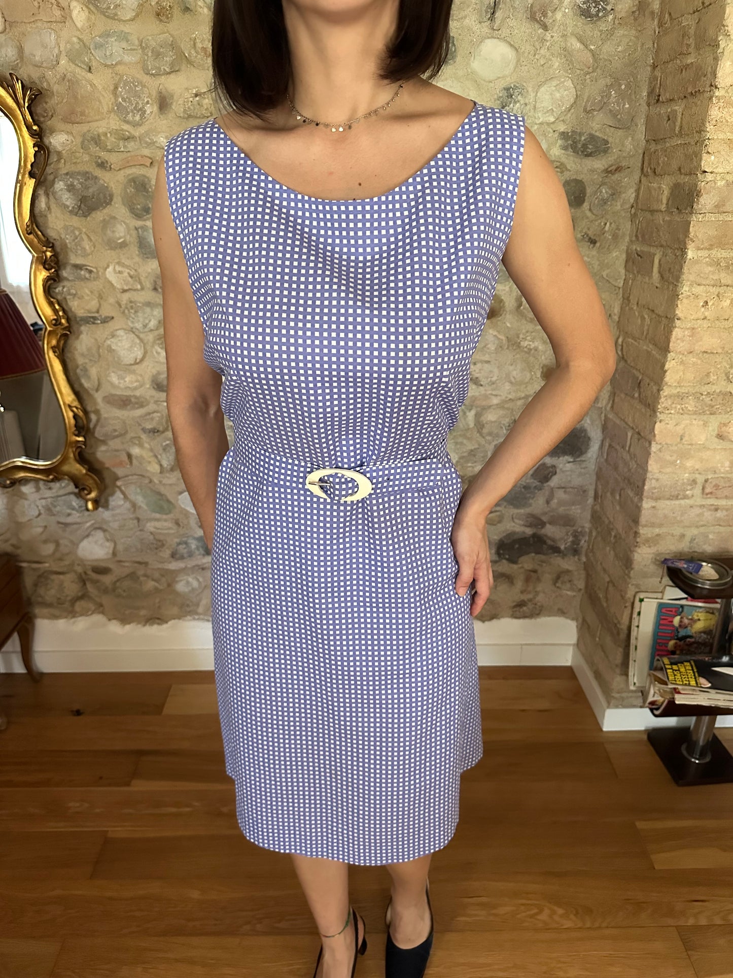 Abito Vintage Anni ‘60 Sartoriale a Quadretti Lilla e Bianco Tg.48