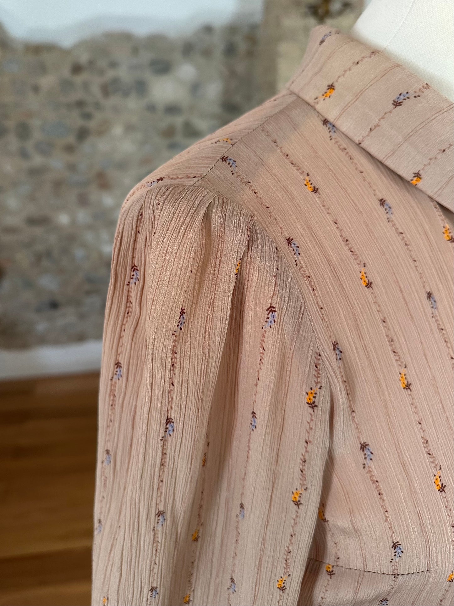 Abito Vintage Anni ‘70 Sartoriale in Seta Rosa Antico con Fiori Tg.42