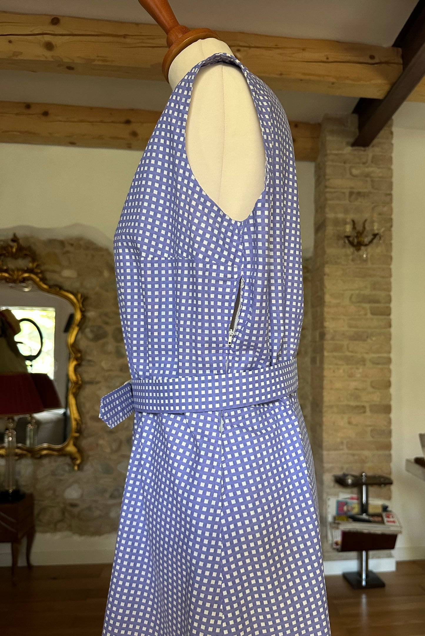 Abito Vintage Anni ‘60 Sartoriale a Quadretti Lilla e Bianco Tg.48