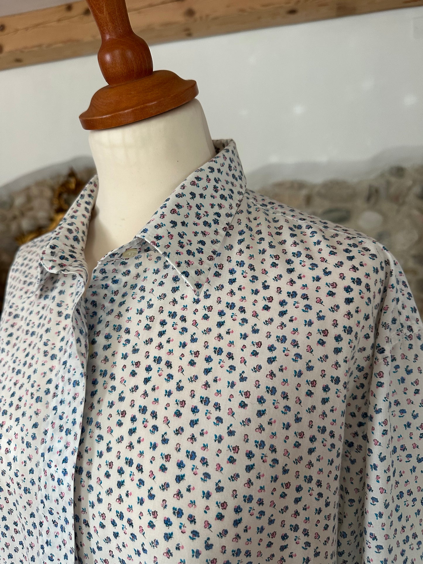 Camicia Anni ‘90 in Cotone Bianco con Fiori Rosa e Azzurri Tg.fino 50