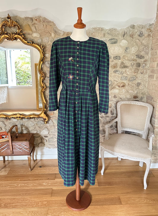 Abito Tirolese Lungo Anni ‘80 in Cotone Tartan Blu e Verde Tg.42/44