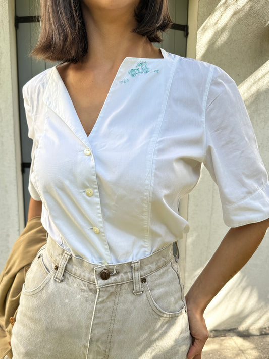 Camicia Genny Rover Anni ‘80 Ricamata Bianca in Cotone Tg.44