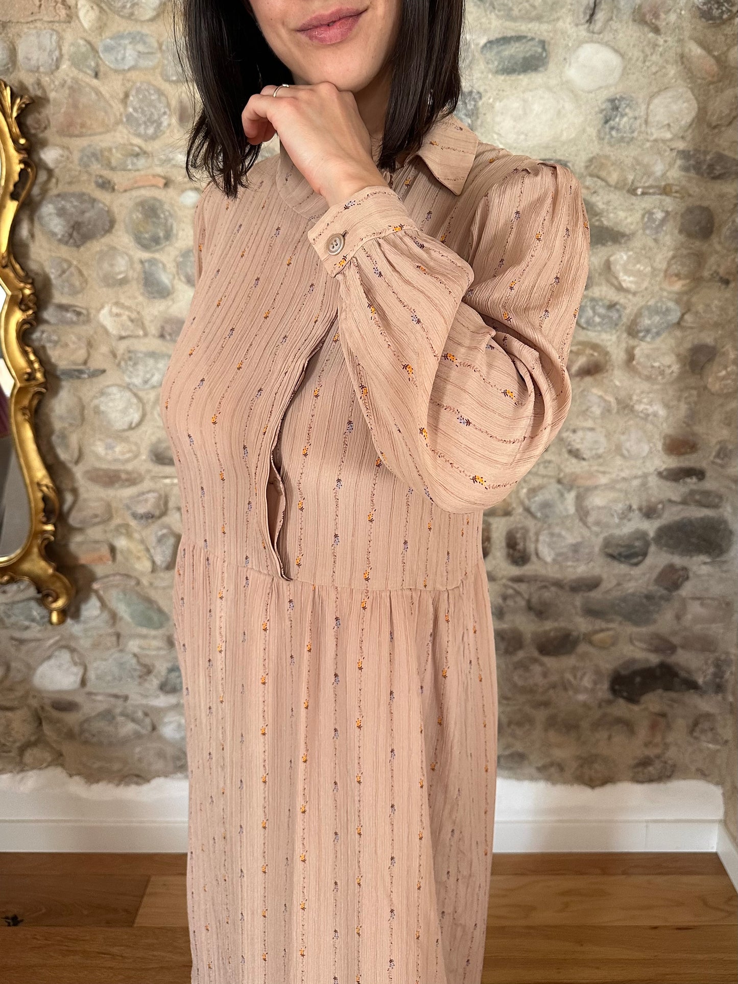 Abito Vintage Anni ‘70 Sartoriale in Seta Rosa Antico con Fiori Tg.42