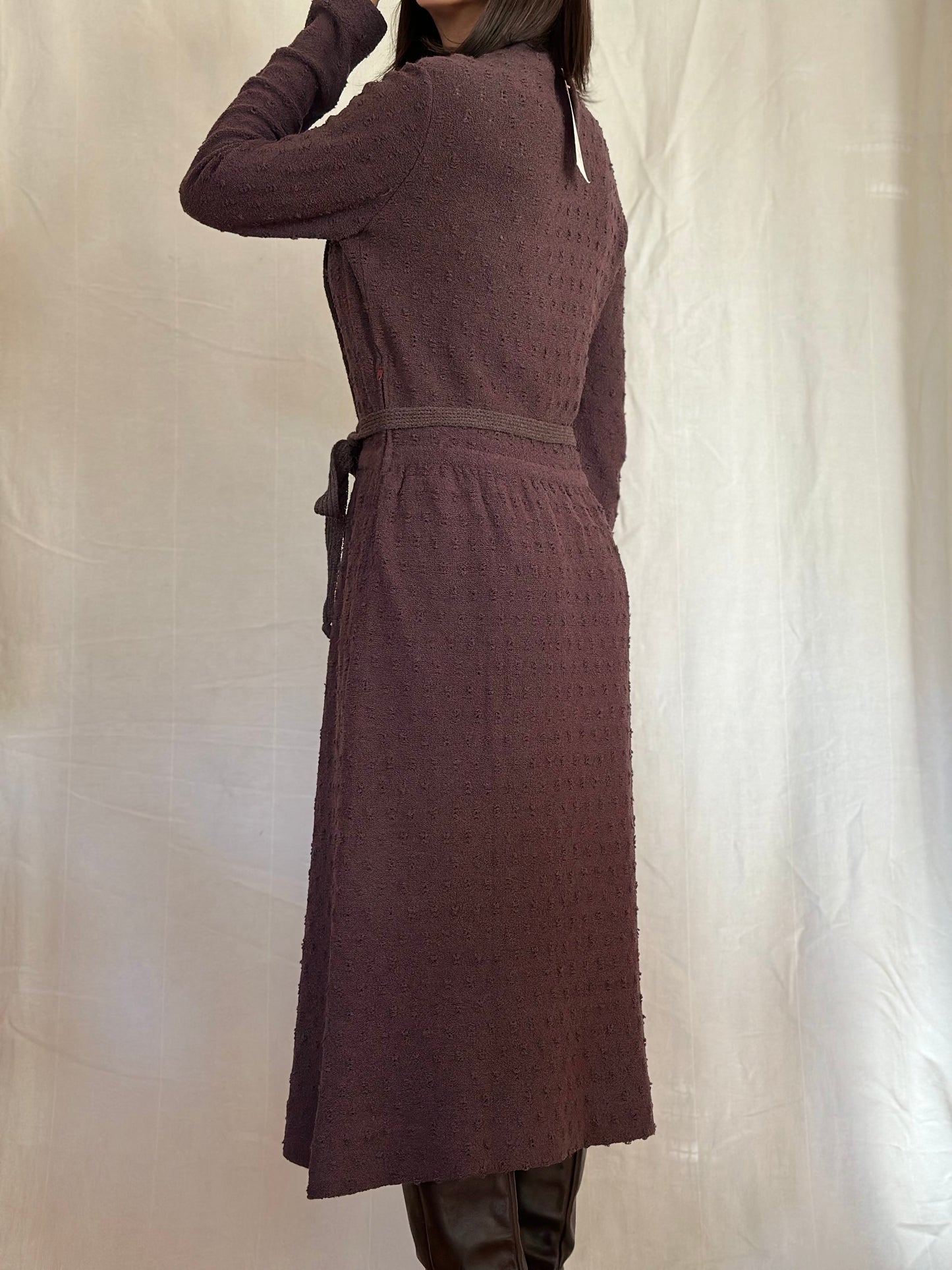 Abito Midi Anni ‘80 Nuovo Misto Lana Prugna Tg.42/44