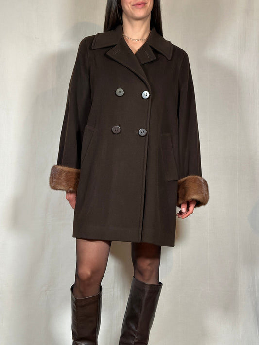 Cappotto Olmar in Lana e Angora Loro Piana Marrone con Polsini in Visone