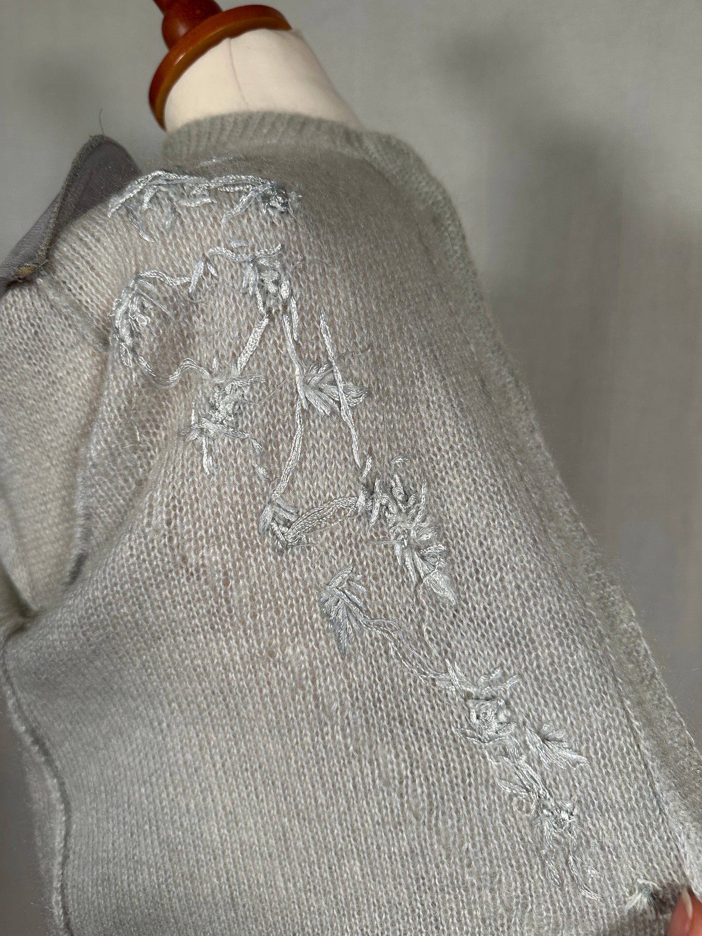 Cardigan Vintage Anni ‘80 Ricamato in Misto Mohair Verde Acqua