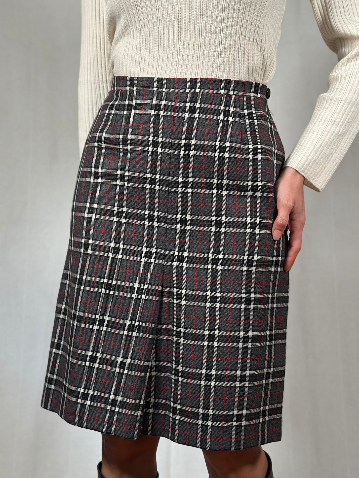 Gonna Sartoriale Anni ‘70/‘80 in Lana Tartan Grigia