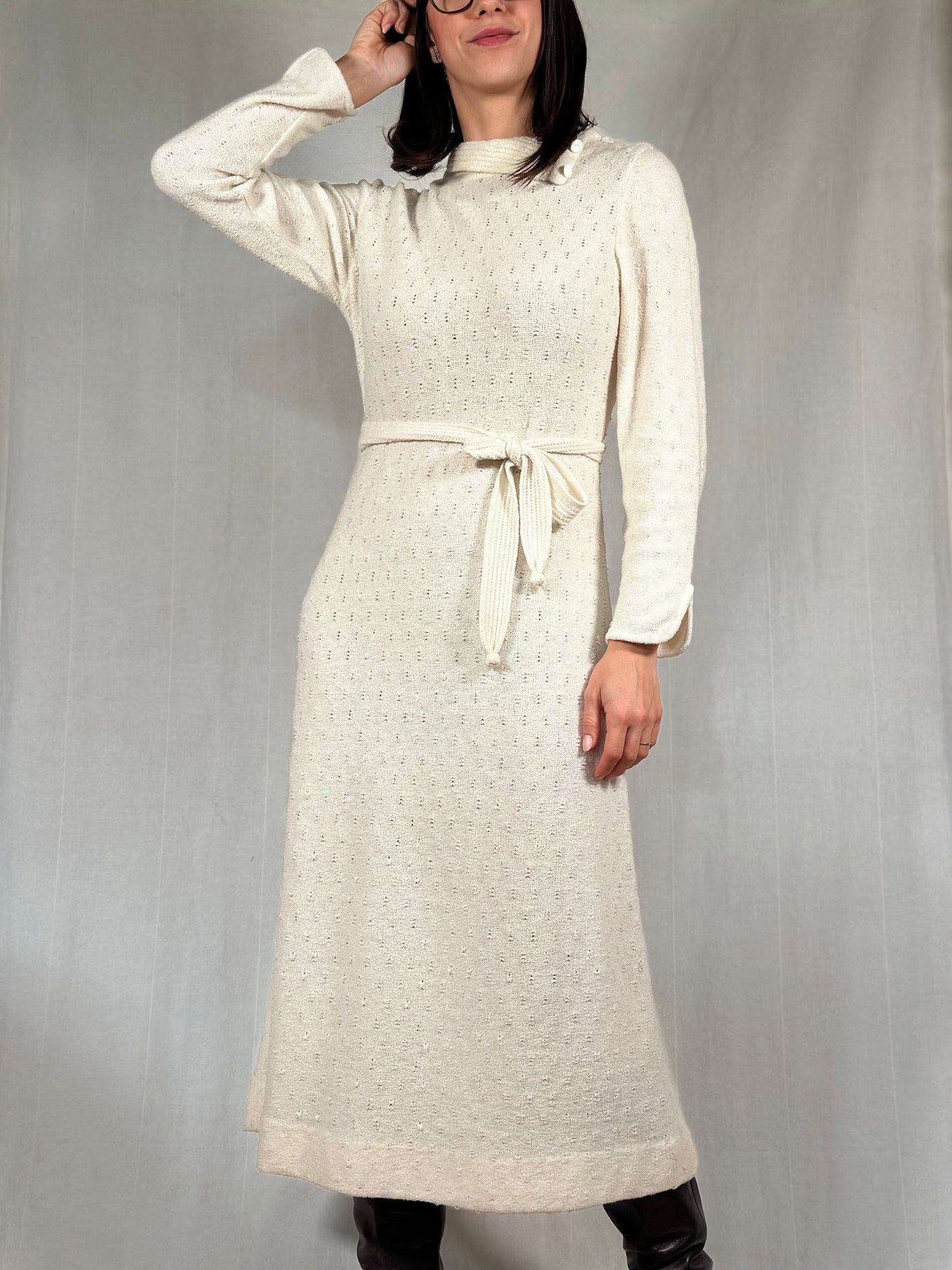 Abito Midi Anni ‘70/‘80 Nuovo Misto Lana Panna Tg.40/42