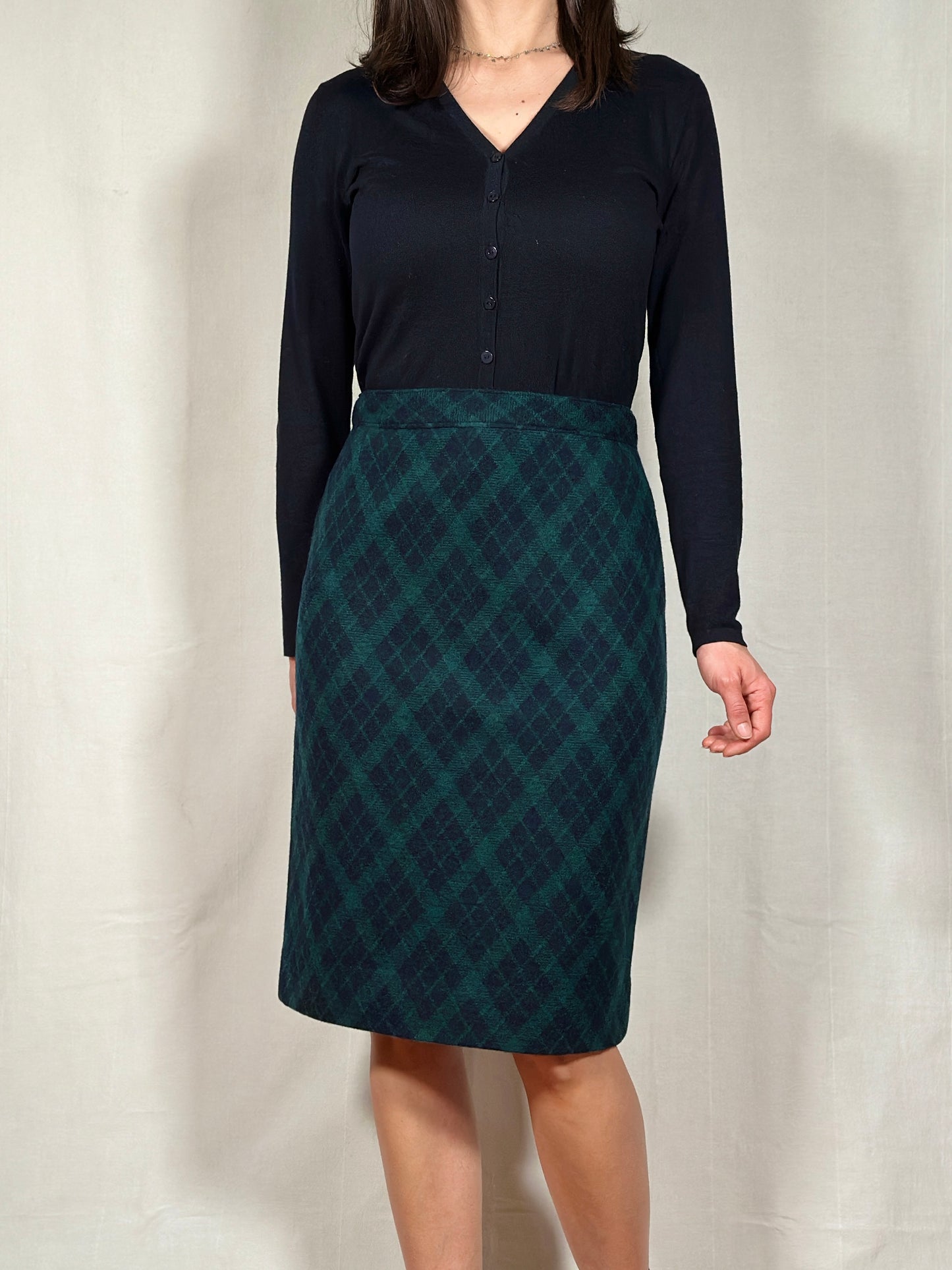 Gonna Tubino Anni ‘80 in Lana Verde a Rombi Blu