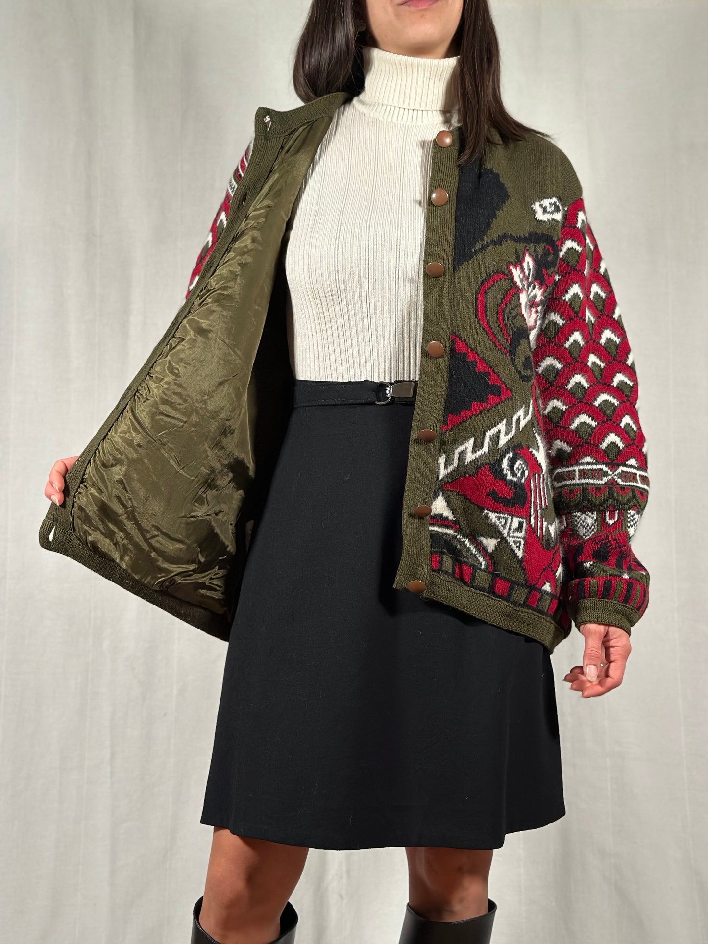 Cardigan Vintage Jacquard in Lana e Angora Verde Oliva Fantasia Bordeaux e Panna