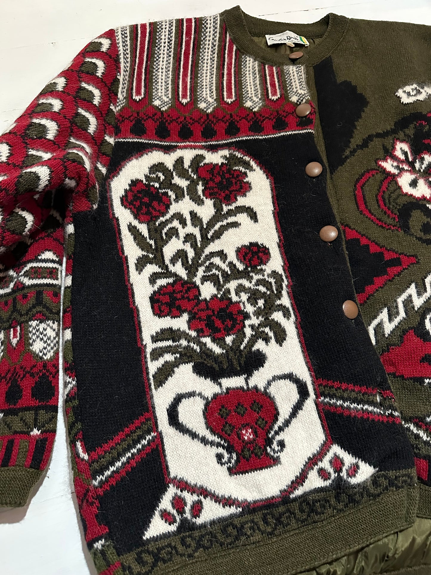 Cardigan Vintage Jacquard in Lana e Angora Verde Oliva Fantasia Bordeaux e Panna