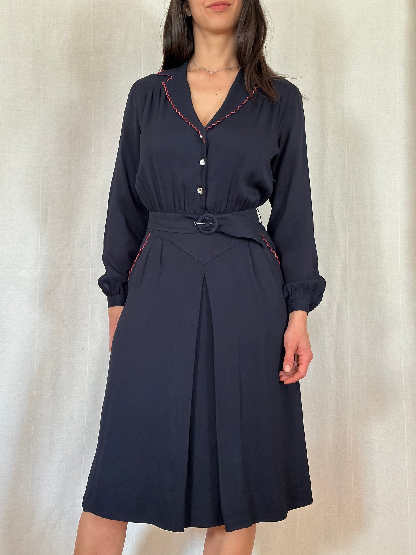 Abito Vintage Anni ‘70 in Viscosa Blu con Profili Rossi