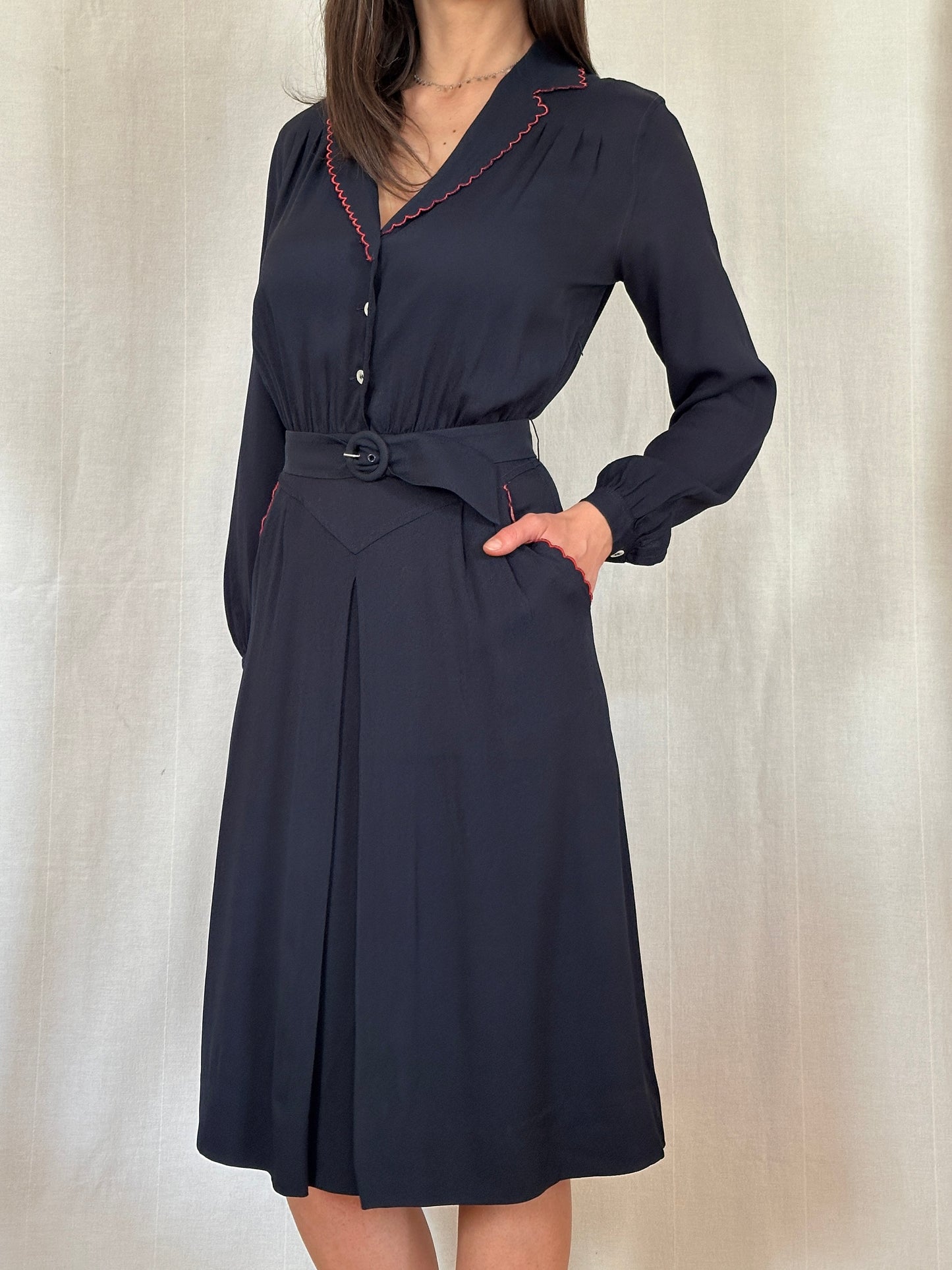 Abito Vintage Anni ‘70 in Viscosa Blu con Profili Rossi
