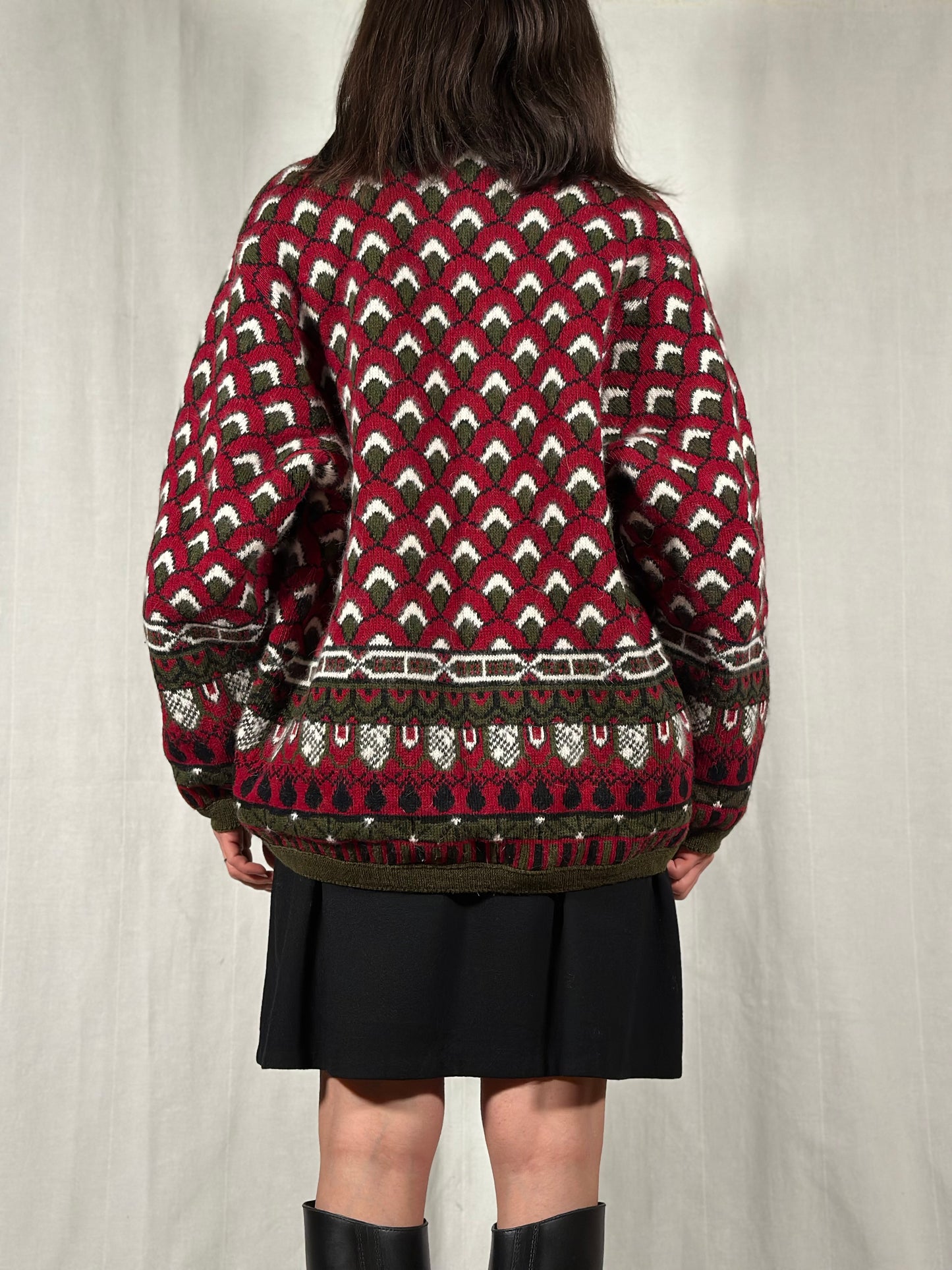 Cardigan Vintage Jacquard in Lana e Angora Verde Oliva Fantasia Bordeaux e Panna