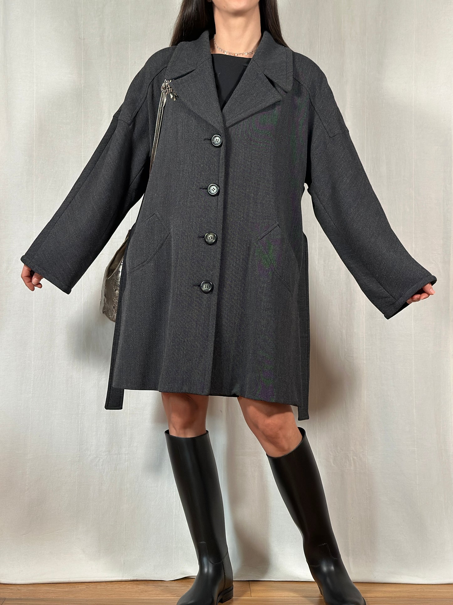 Giacca Lunga Vintage Anni ‘70 in Misto Lana Grigio Scuro
