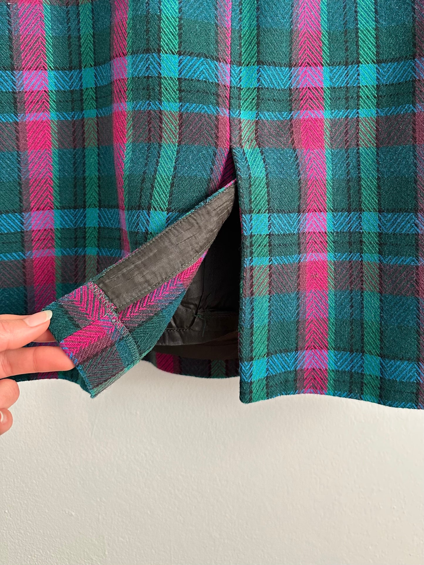 Gonna Tartan Vintage Midi Misto Lana Verde e Fucsia