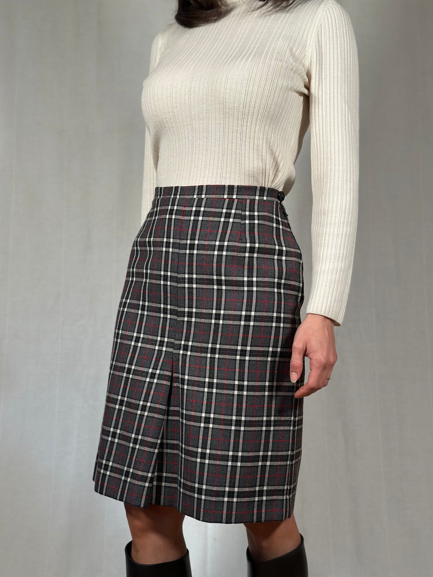 Gonna Sartoriale Anni ‘70/‘80 in Lana Tartan Grigia