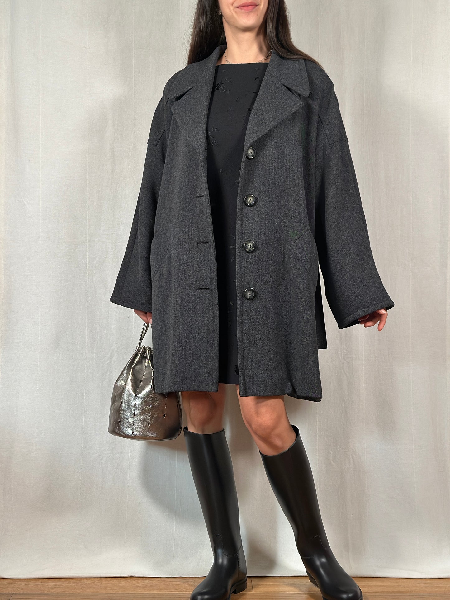 Giacca Lunga Vintage Anni ‘70 in Misto Lana Grigio Scuro