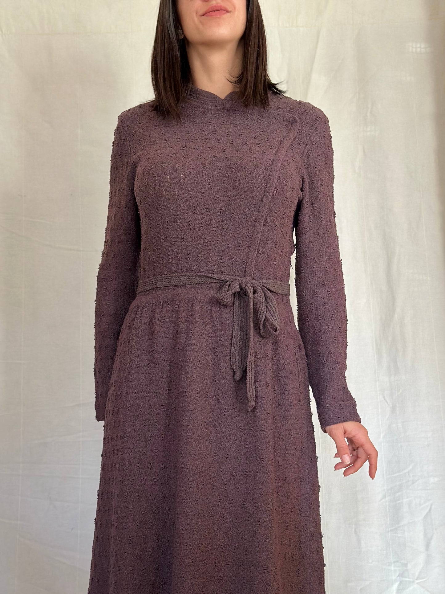 Abito Midi Anni ‘80 Nuovo Misto Lana Prugna Tg.42/44