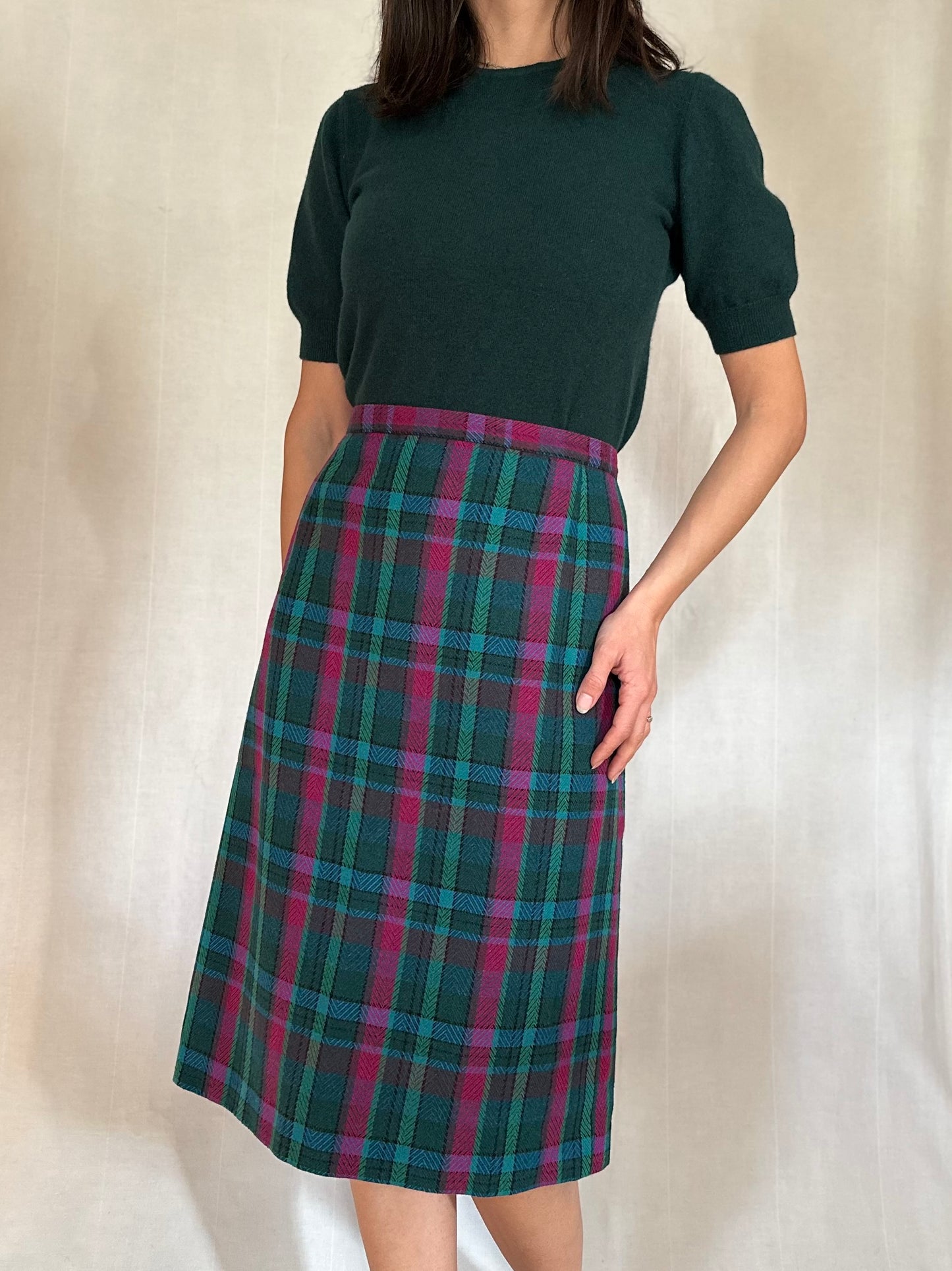 Gonna Tartan Vintage Midi Misto Lana Verde e Fucsia