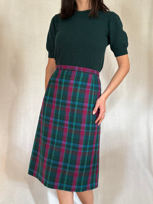 Gonna Tartan Vintage Midi Misto Lana Verde e Fucsia