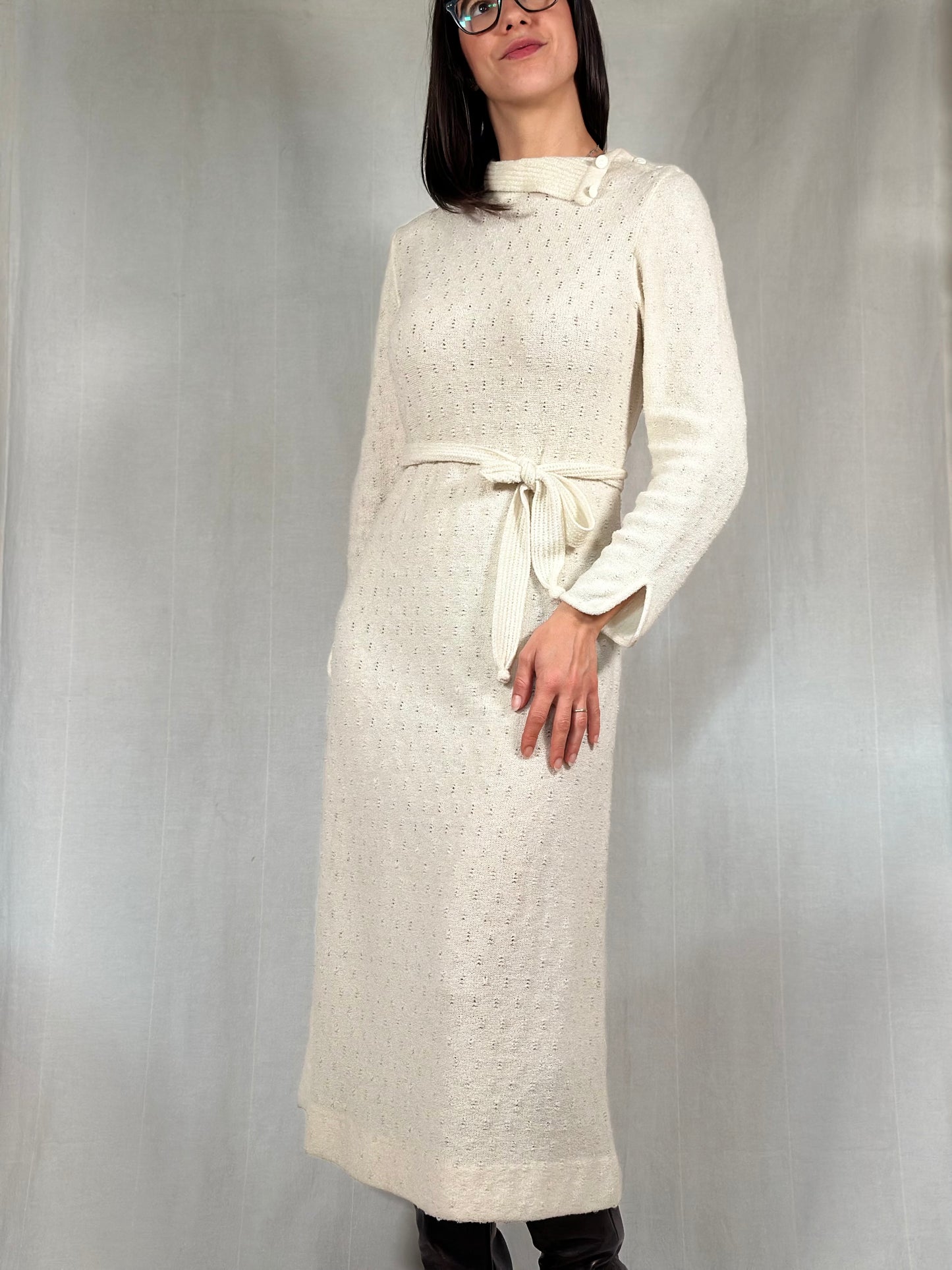 Abito Midi Anni ‘70/‘80 Nuovo Misto Lana Panna Tg.40/42