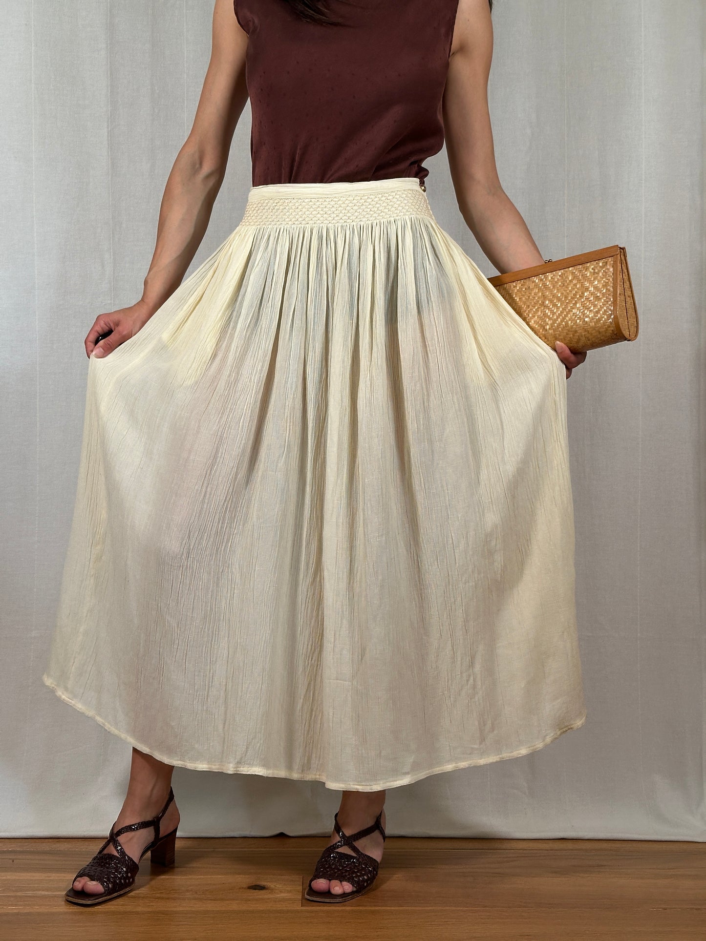 Gonna Lunga Krizia Vintage Fine Anni ‘80 in Viscosa e Lino Color Crema