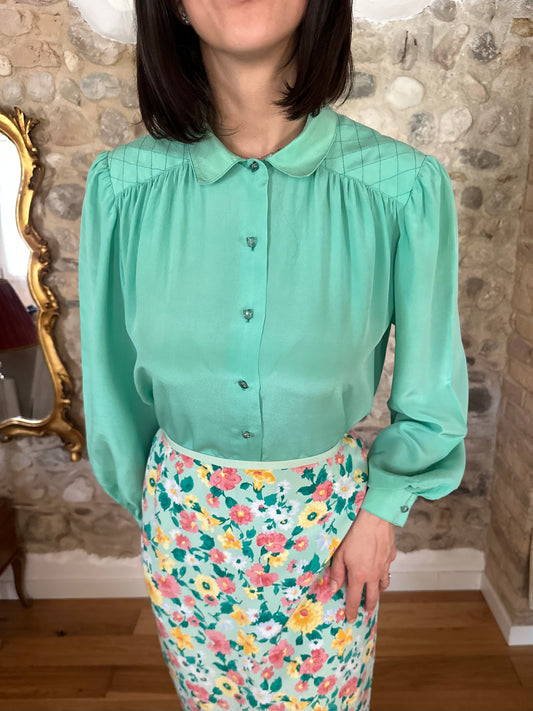 Camicia Vintage Anni ‘80 Sartoriale in Seta Verde Tg.fino 50