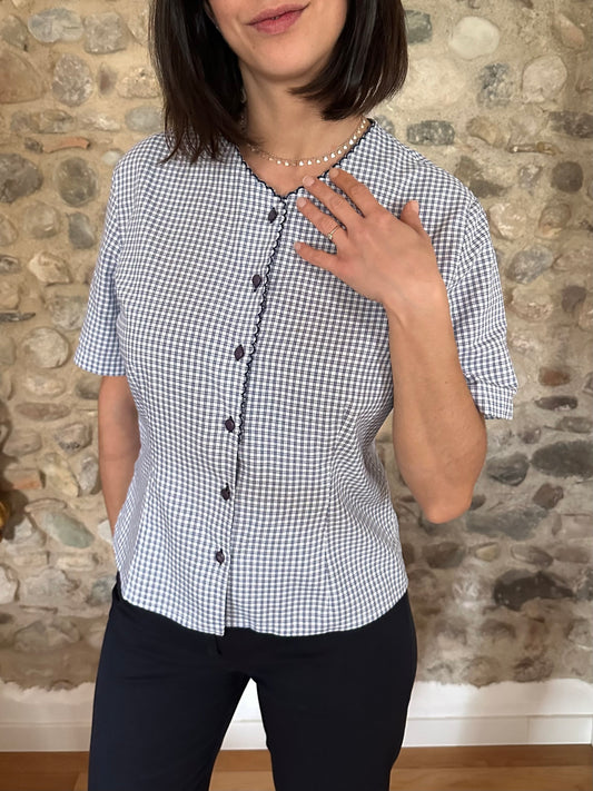 Camicia Vintage Maniche Corte a Quadretti Bianca e Blu Tg.42/44