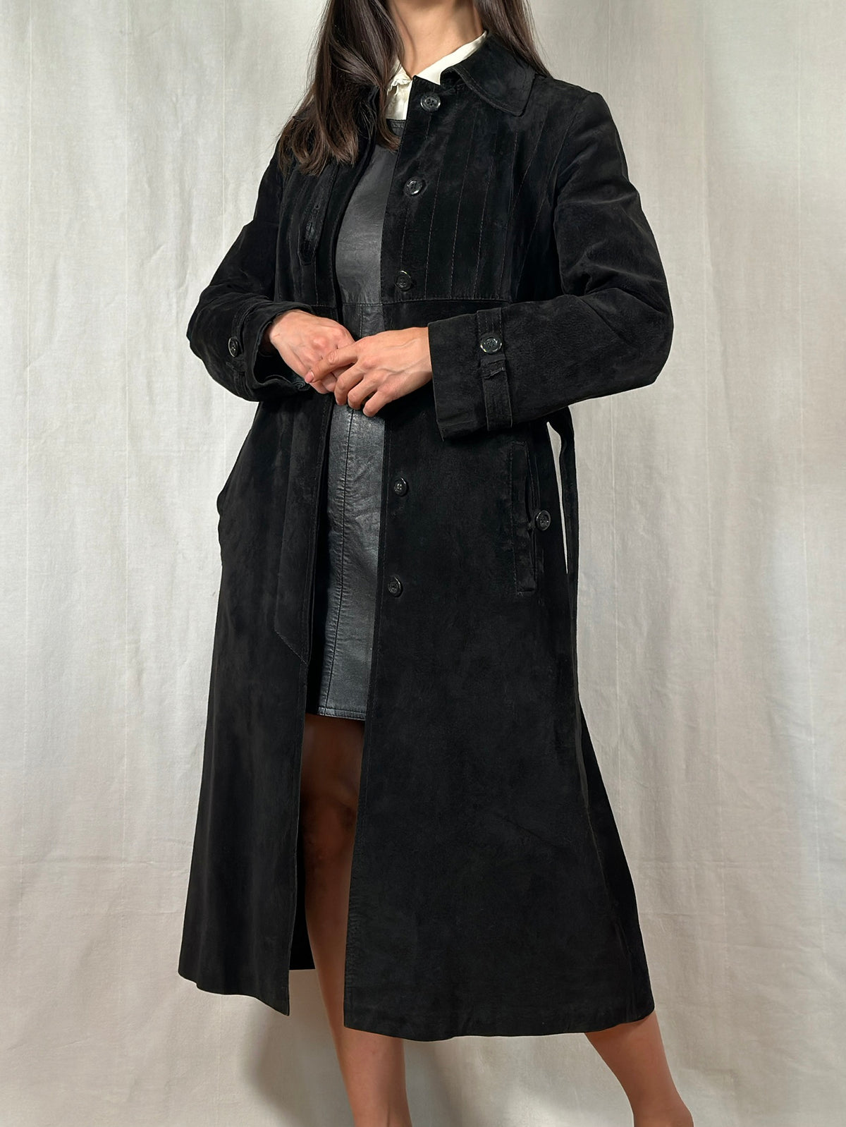 Trench Vintage Anni ‘70 in Pelle Scamosciata Nero