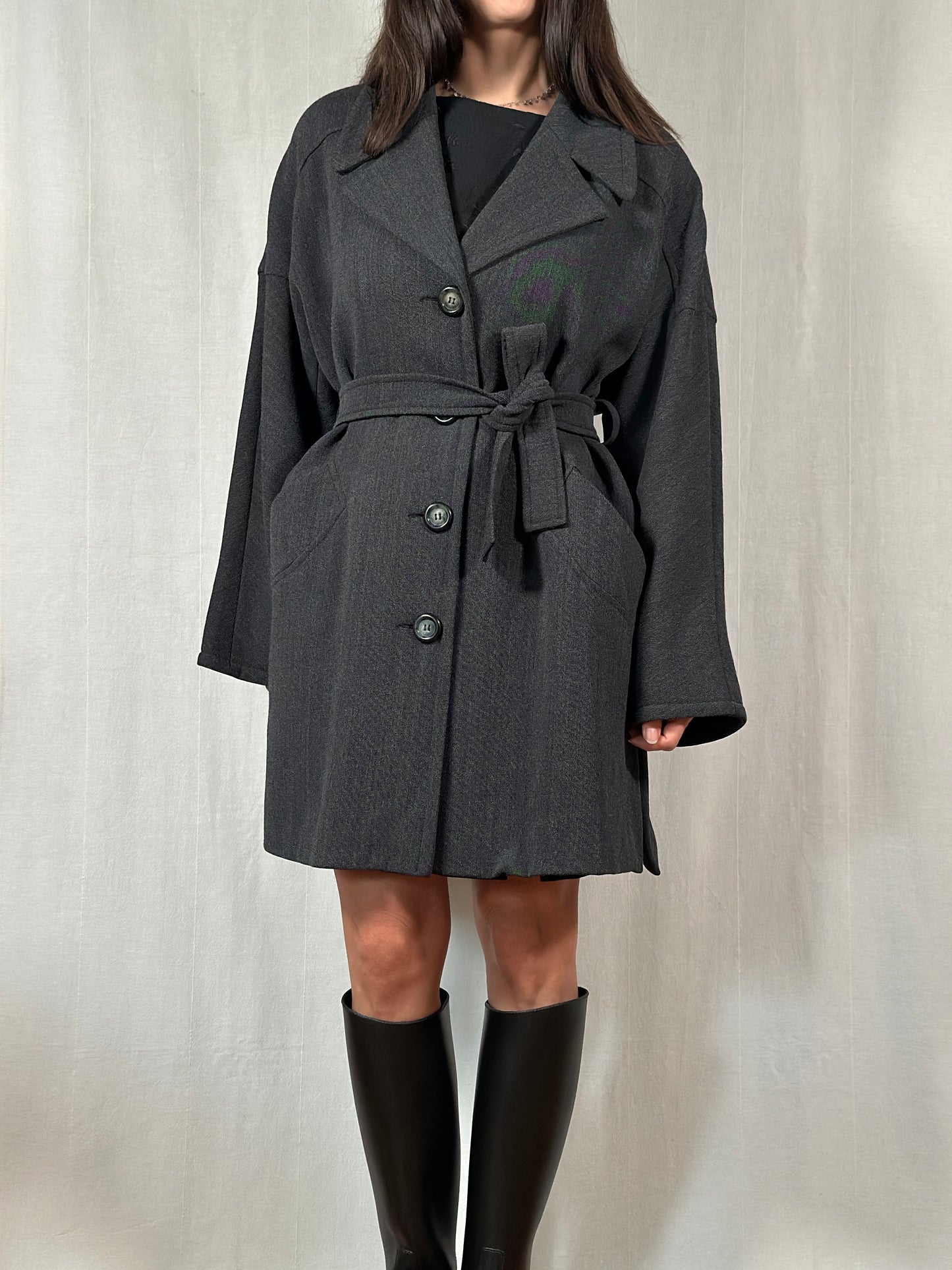 Giacca Lunga Vintage Anni ‘70 in Misto Lana Grigio Scuro
