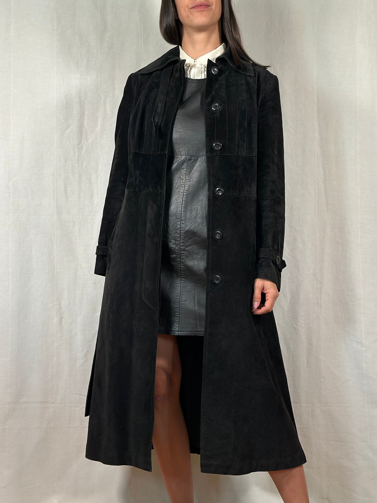 Trench Vintage Anni ‘70 in Pelle Scamosciata Nero