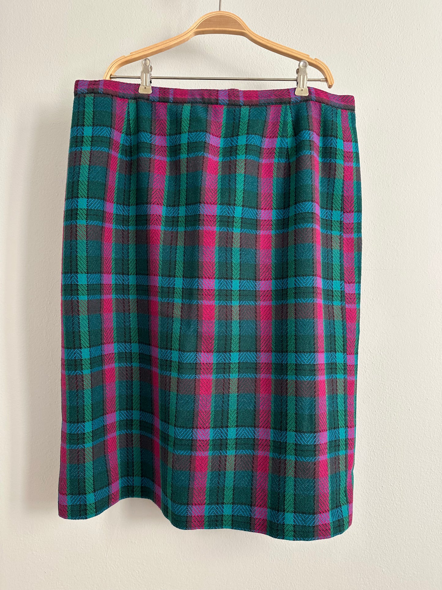 Gonna Tartan Vintage Midi Misto Lana Verde e Fucsia