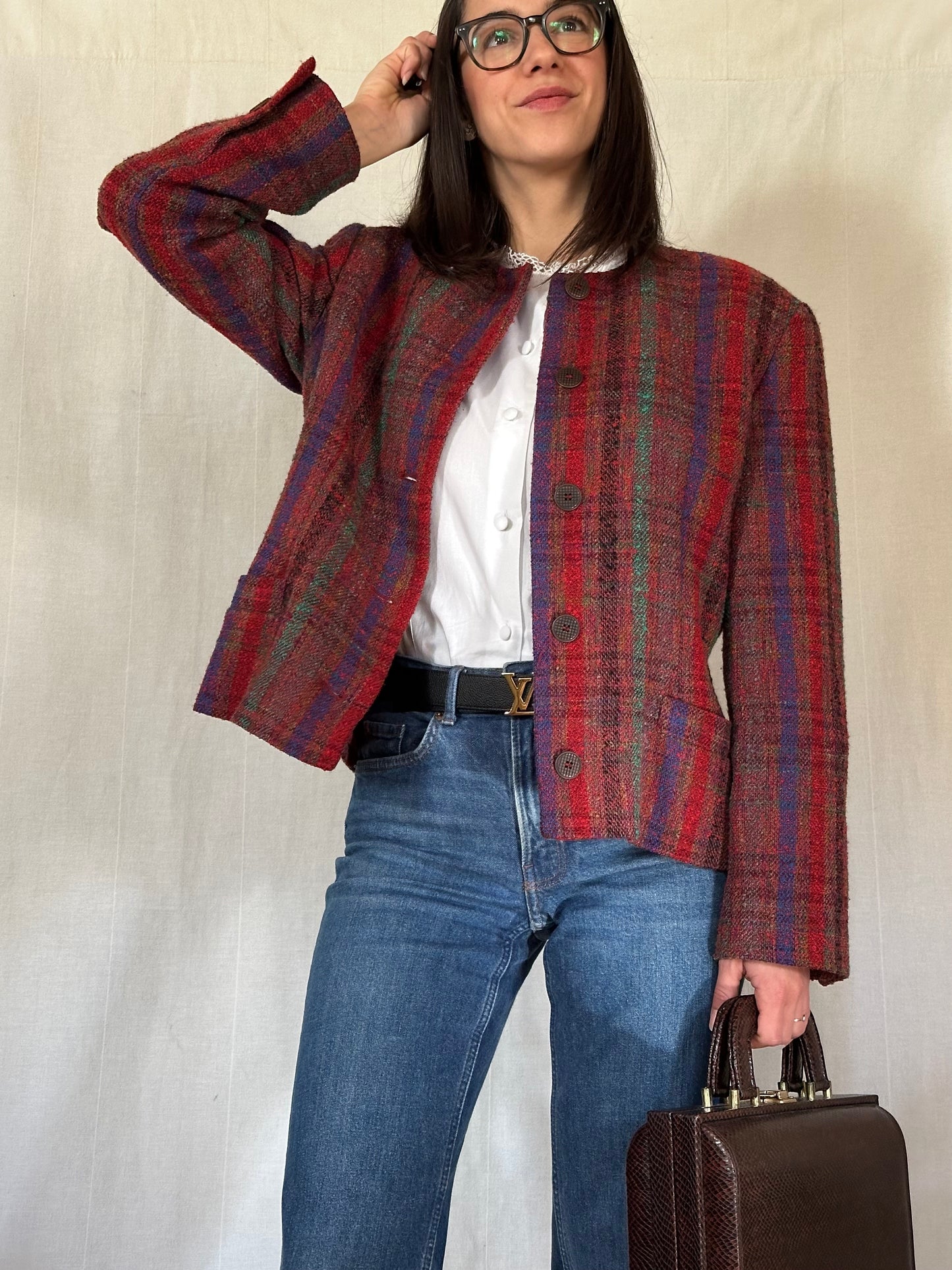 Giacca Missoni Vintage Anni ‘80 in Tweed di Lana Bouclé Bordeaux Tg.44/46