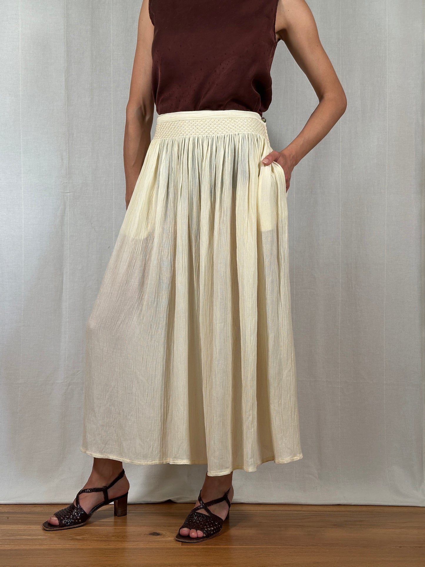 Gonna Lunga Krizia Vintage Fine Anni ‘80 in Viscosa e Lino Color Crema