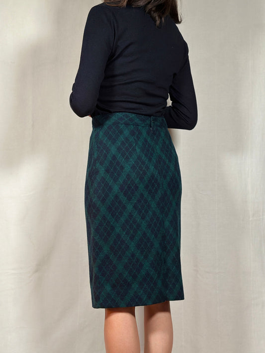 Gonna Tubino Anni ‘80 in Lana Verde a Rombi Blu