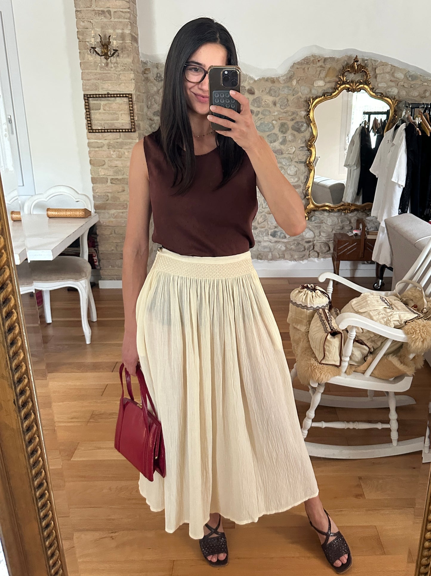 Gonna Lunga Krizia Vintage Fine Anni ‘80 in Viscosa e Lino Color Crema