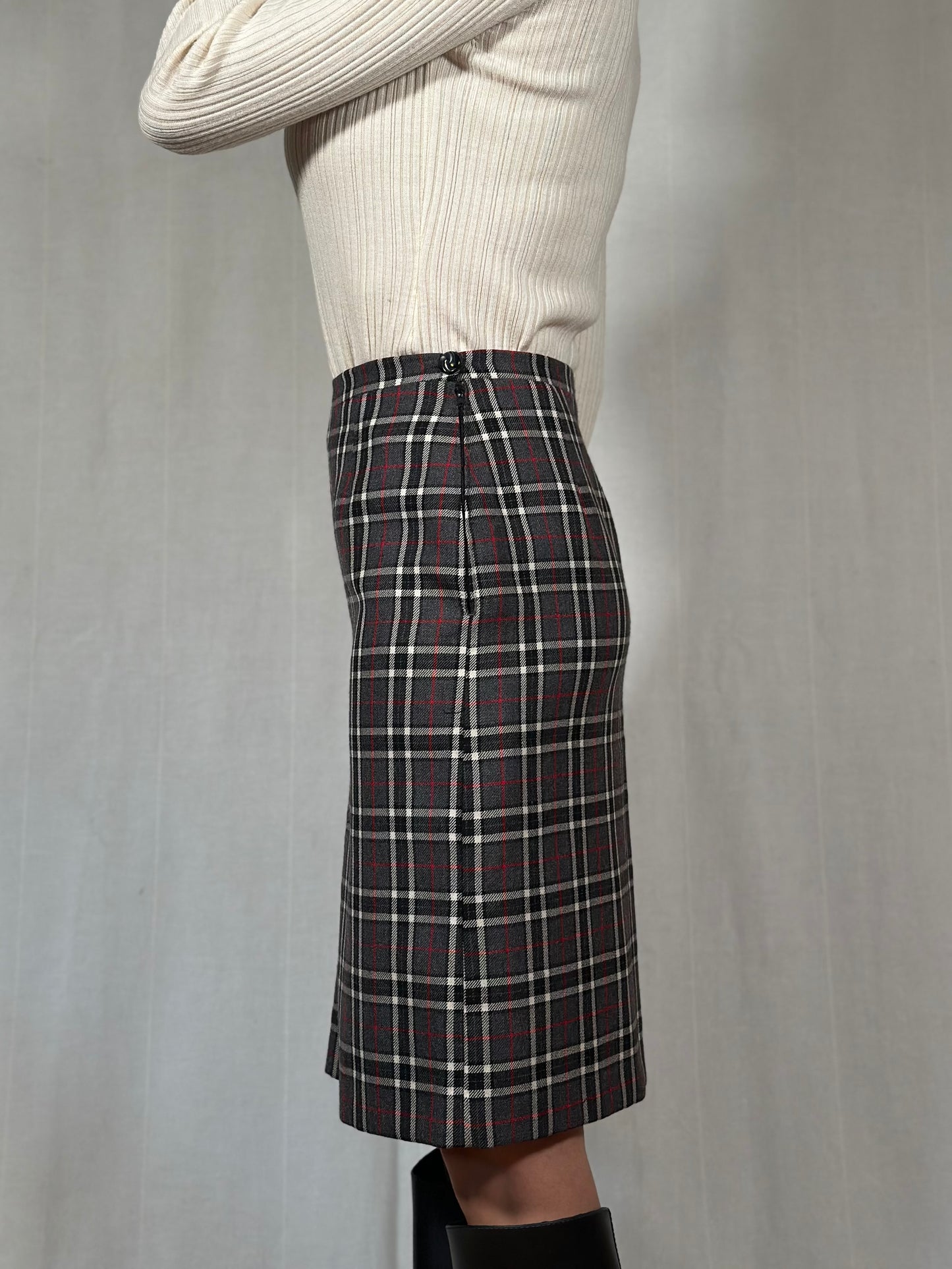 Gonna Sartoriale Anni ‘70/‘80 in Lana Tartan Grigia