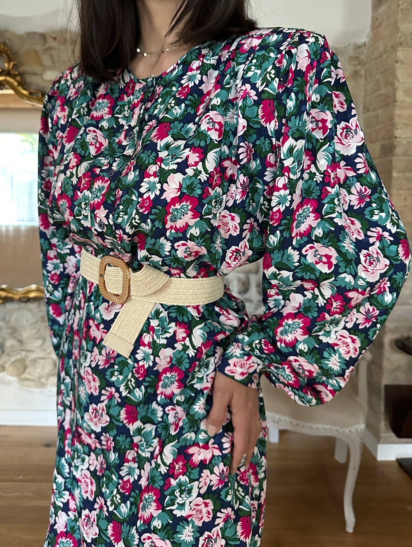 Abito Vintage Anni ‘80 in Seta Fantasia Fiori Tg.44/46