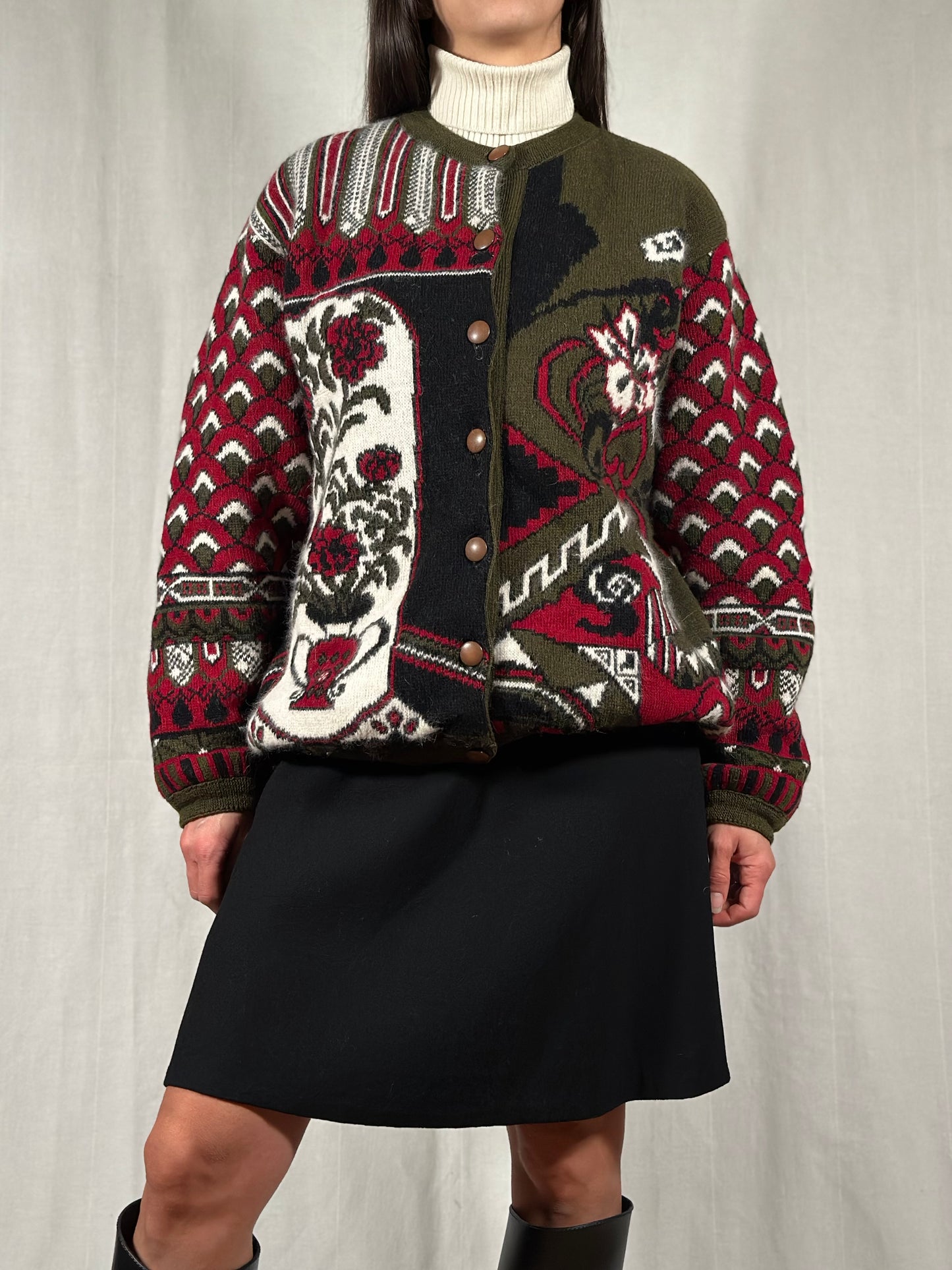 Cardigan Vintage Jacquard in Lana e Angora Verde Oliva Fantasia Bordeaux e Panna
