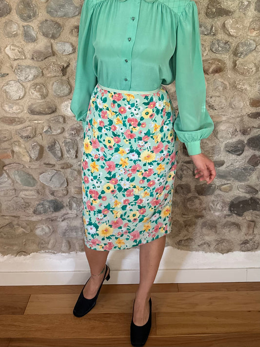 Gonna Vintage Anni ‘70 in Viscosa Floreale Verde Acqua Tg.44