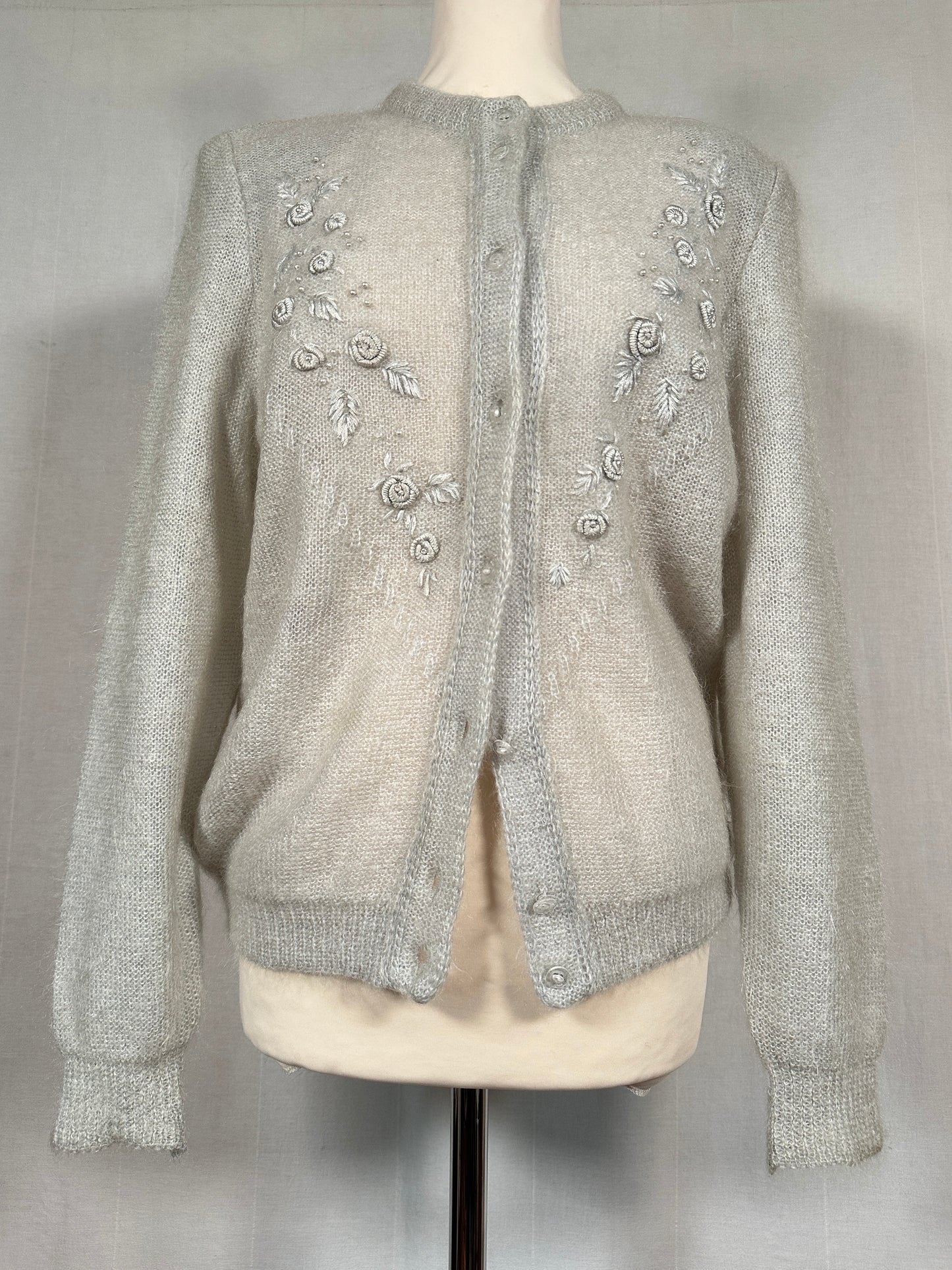 Cardigan Vintage Anni ‘80 Ricamato in Misto Mohair Verde Acqua