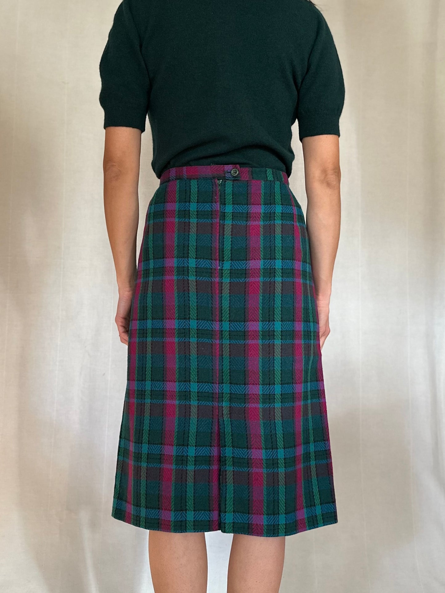Gonna Tartan Vintage Midi Misto Lana Verde e Fucsia