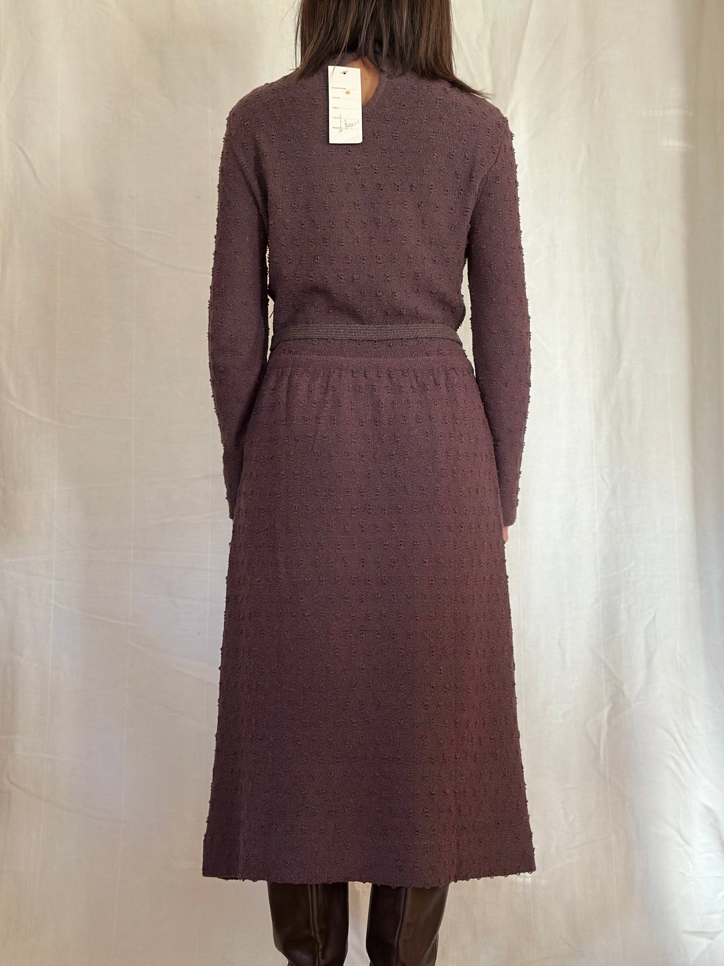 Abito Midi Anni ‘80 Nuovo Misto Lana Prugna Tg.42/44