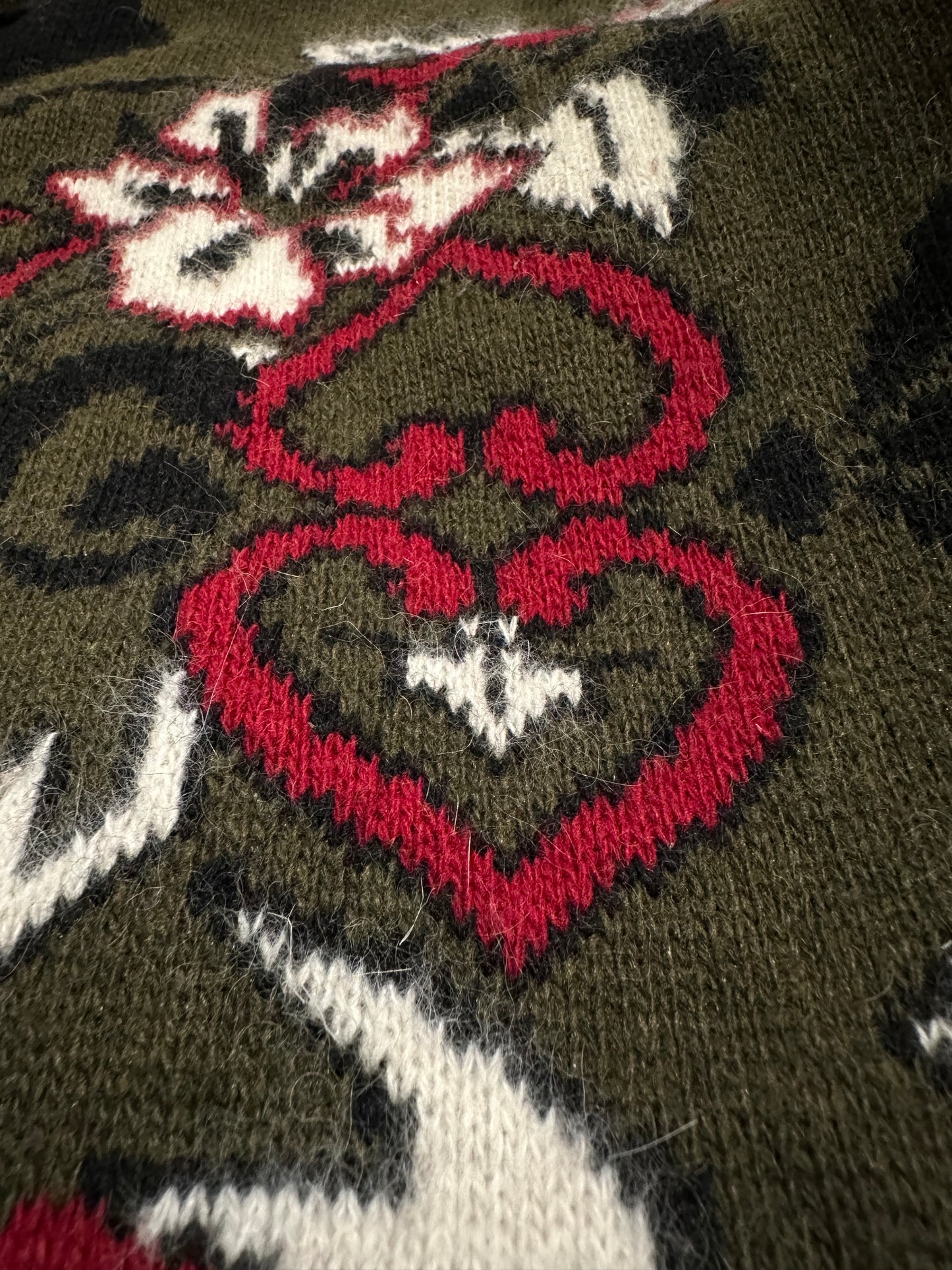 Cardigan Vintage Jacquard in Lana e Angora Verde Oliva Fantasia Bordeaux e Panna