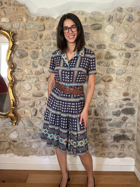 Abito Vintage Anni ‘60 Sartoriale in Seta Blu Tg.46