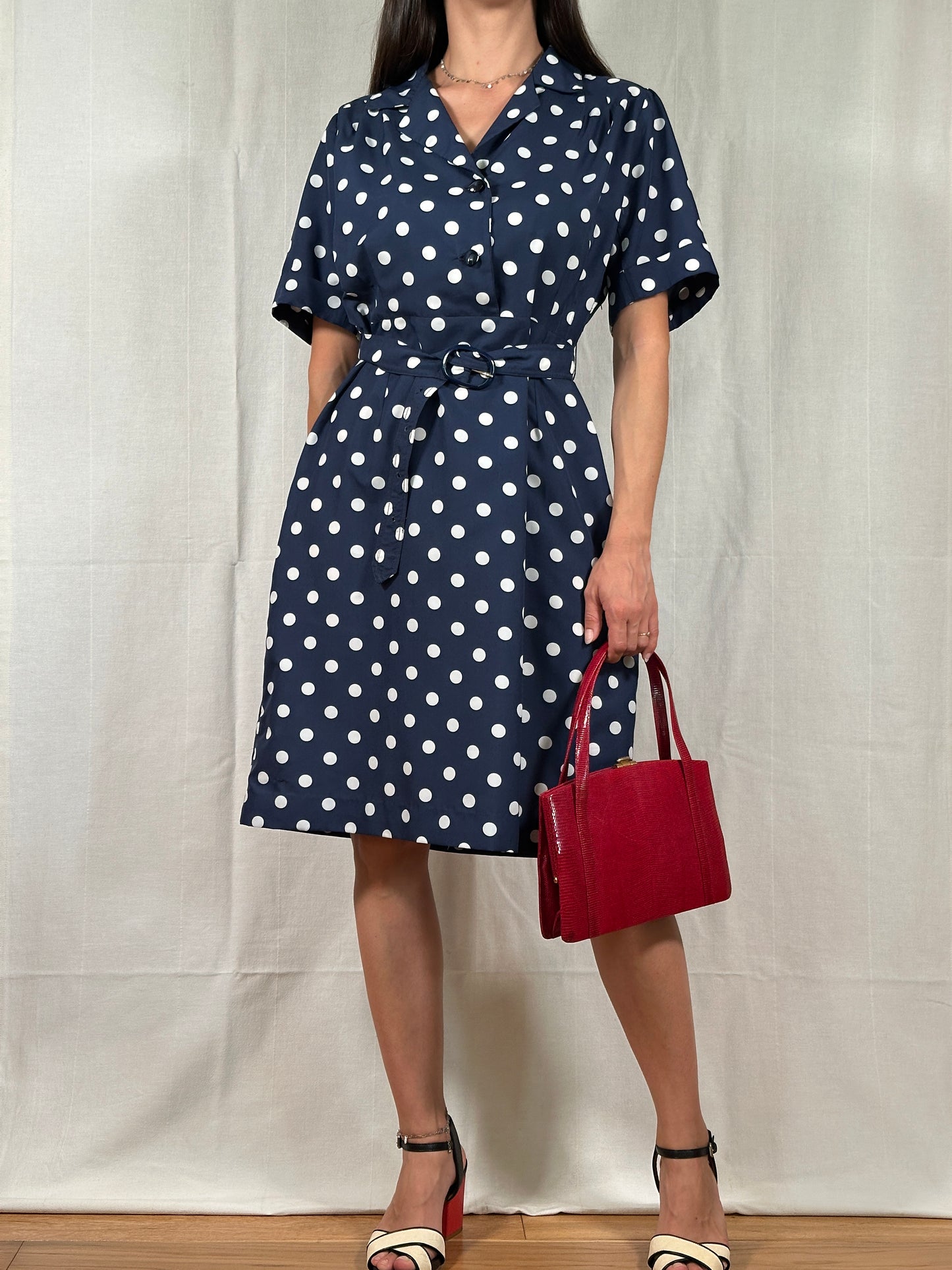 Abito Vintage Anni ‘80 Blu a Pois Bianchi