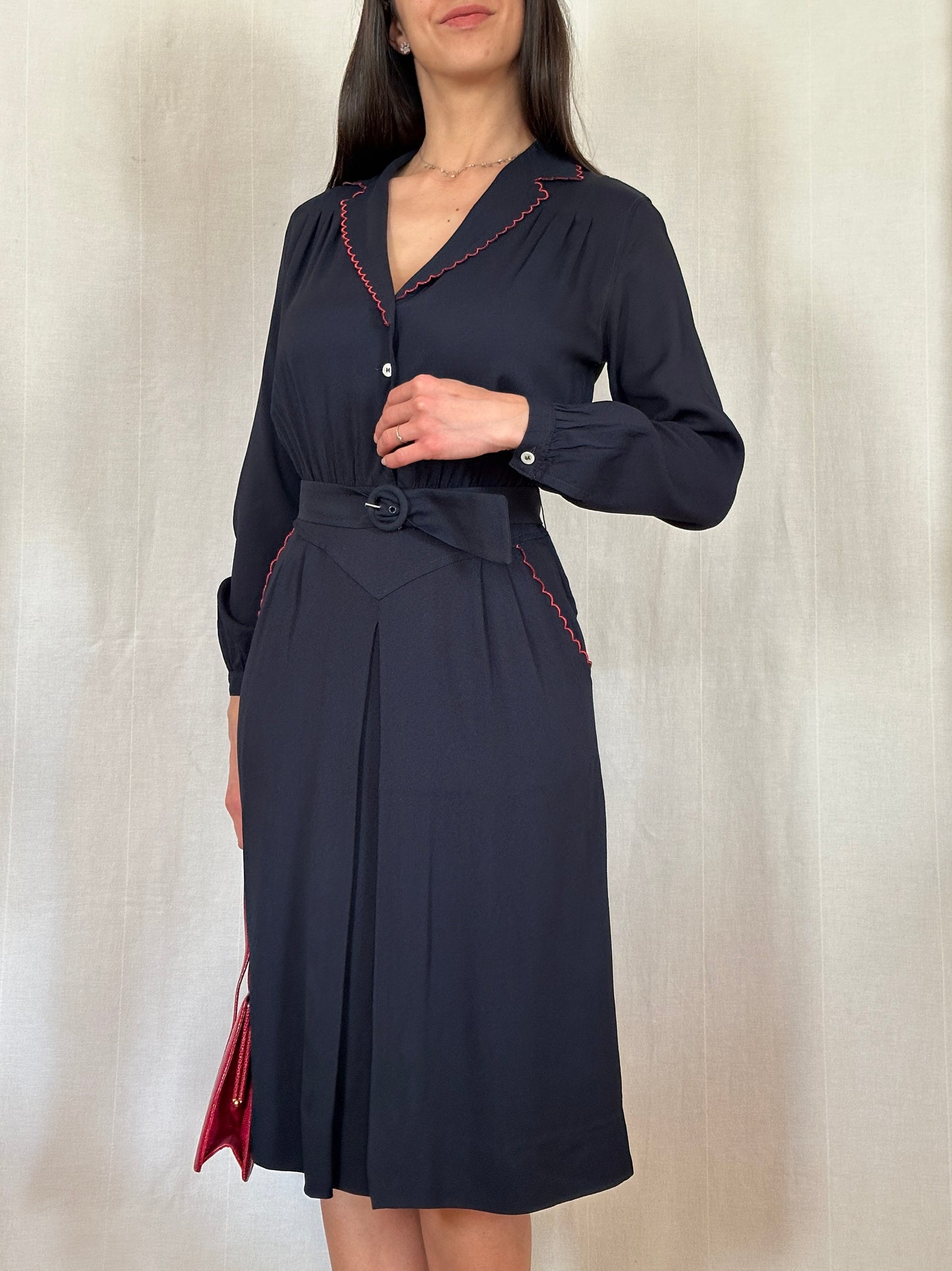 Abito Vintage Anni ‘70 in Viscosa Blu con Profili Rossi