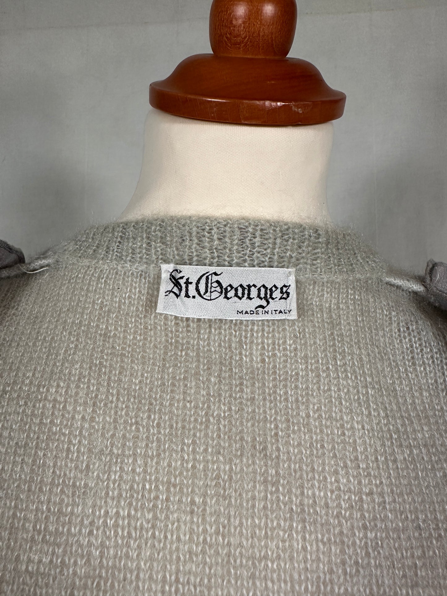 Cardigan Vintage Anni ‘80 Ricamato in Misto Mohair Verde Acqua